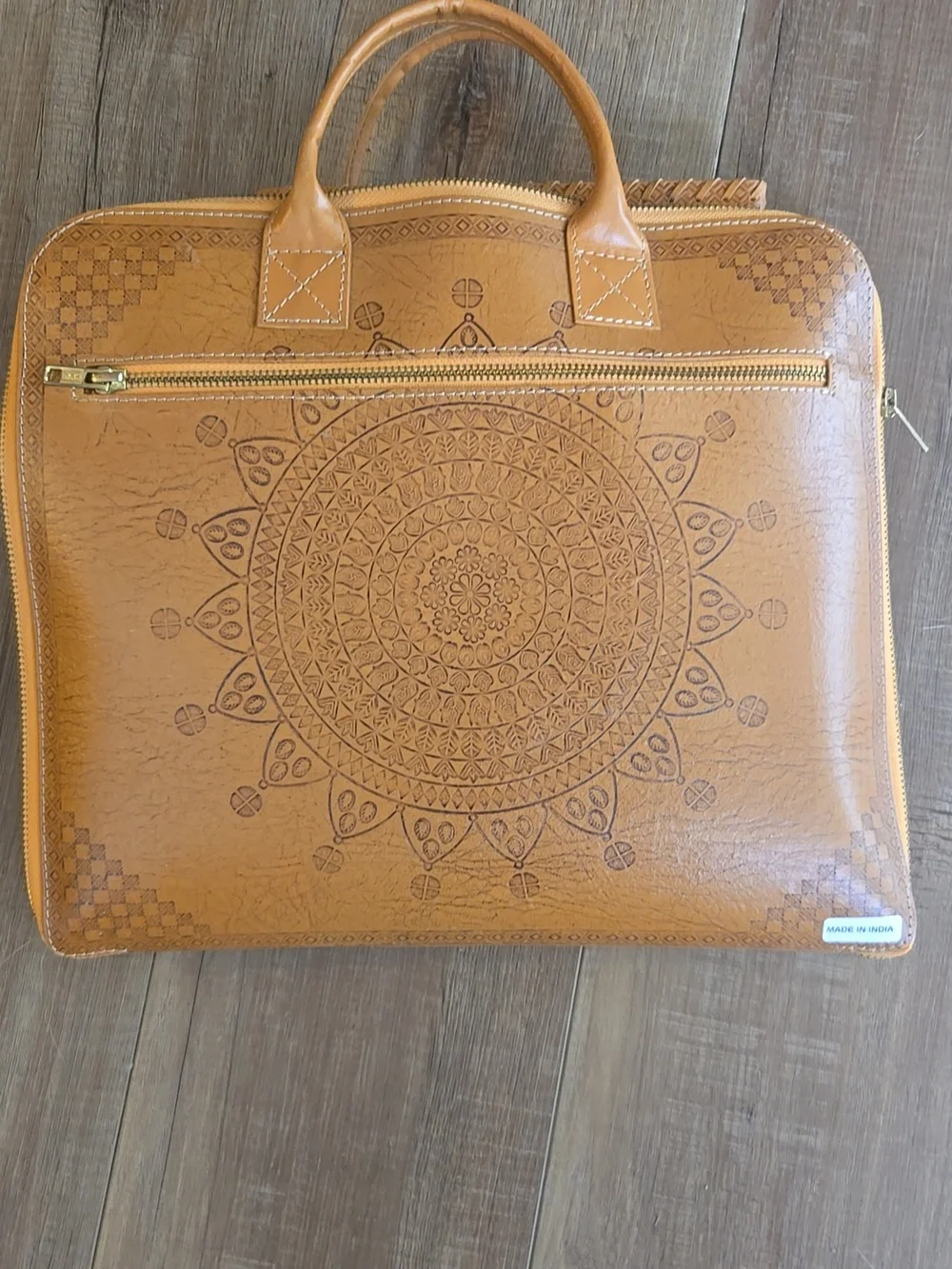 Rare Laptop Bag Chakra Embossed Tan Leather and Notepad Agenda Set